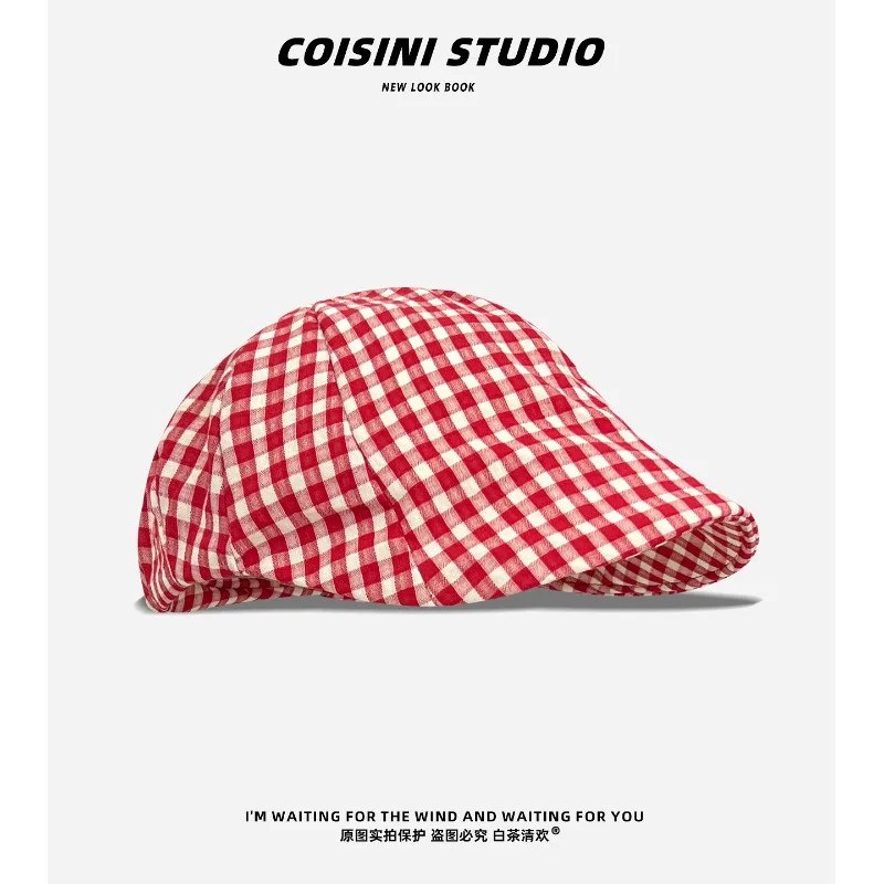

New Japanese Literary Plaid Forward Hat Women's Spring and Summer Thin Casual Versatile Short-brimmed Sunshade Painter Caps
