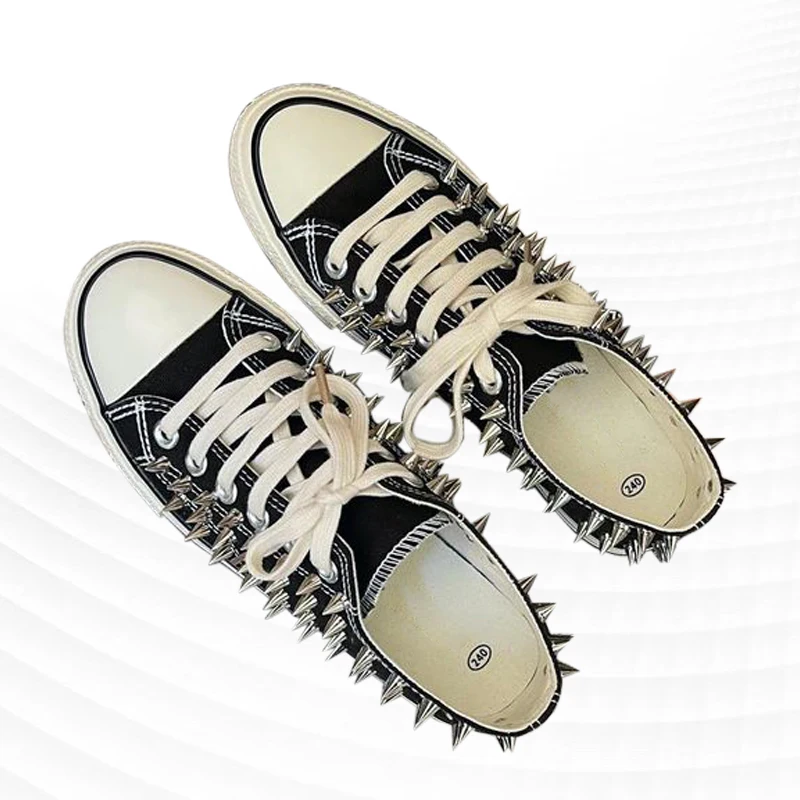 Zapatos de lona de baile callejero punk hip hop con remaches negros hechos a mano, zapatillas cómodas informales de talla grande para hombres y mujeres 35-46