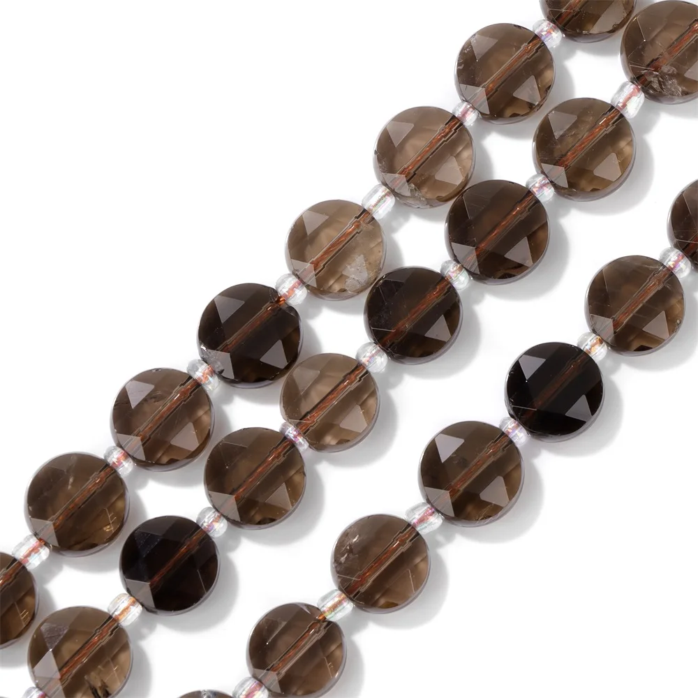 10MM Transparent Faceted Coin Shape Natural Smoky Quartz Crystal Stone Beads Loose Spacer Round Beads For Jewelry Making