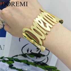 DOREMI Custom Wide Big Name Cuff Bangle Stainless Steel Bangles Cut Out Hollow Cuff Engraving Name Band Bangle
