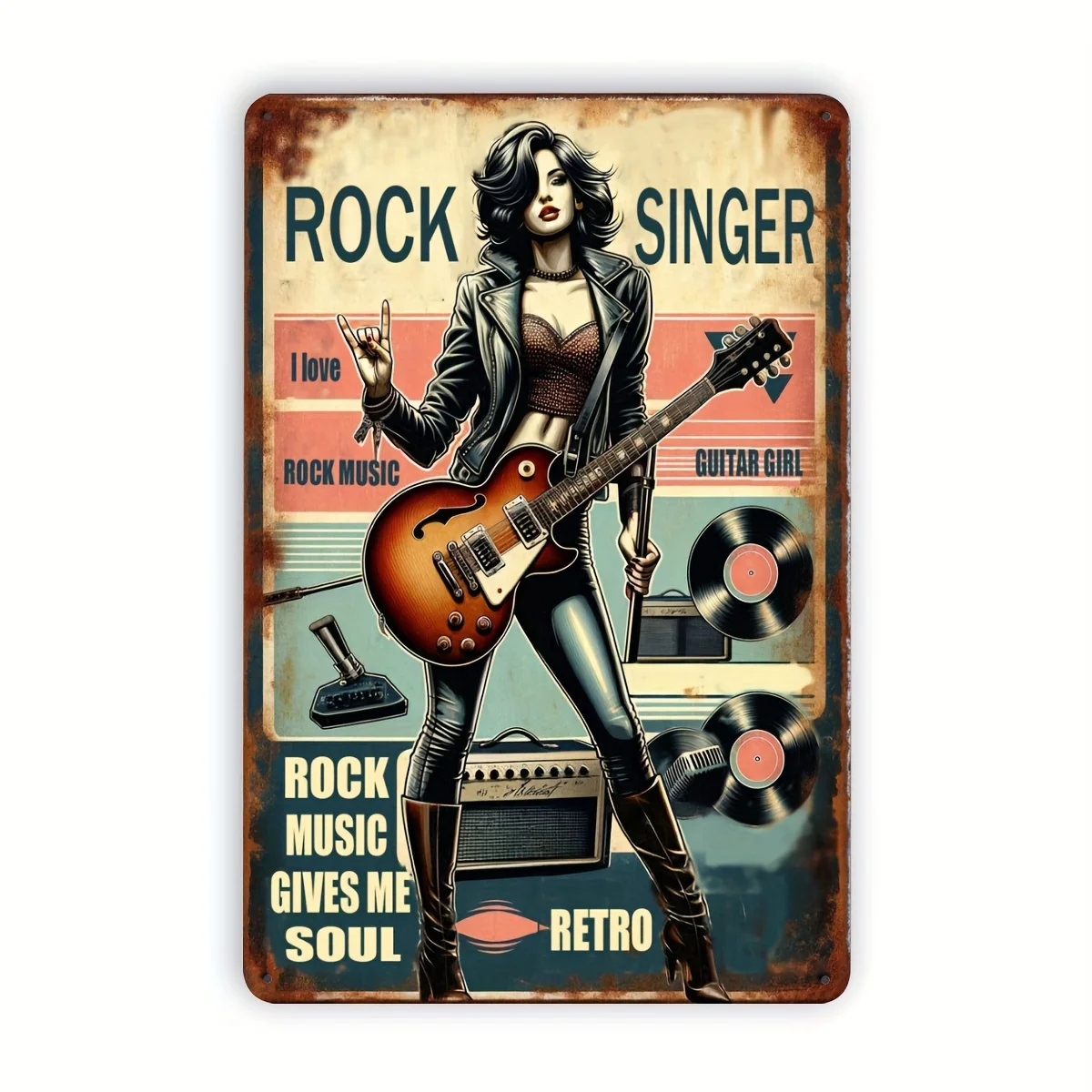 2D Retro Rock Singer Metal Wall Art - Guitar Girl Foil Engraving Decor, Home & Bar Decorative Hanging, Waterproof and Dustproof