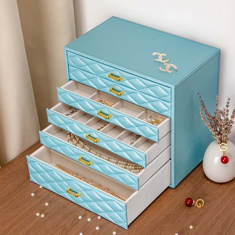 

Large Capacity Wooden Jewelry Box, Synthetic Leather Storage Case, Drawer Organizer, Fashion for Girlfriend, 6 Layers