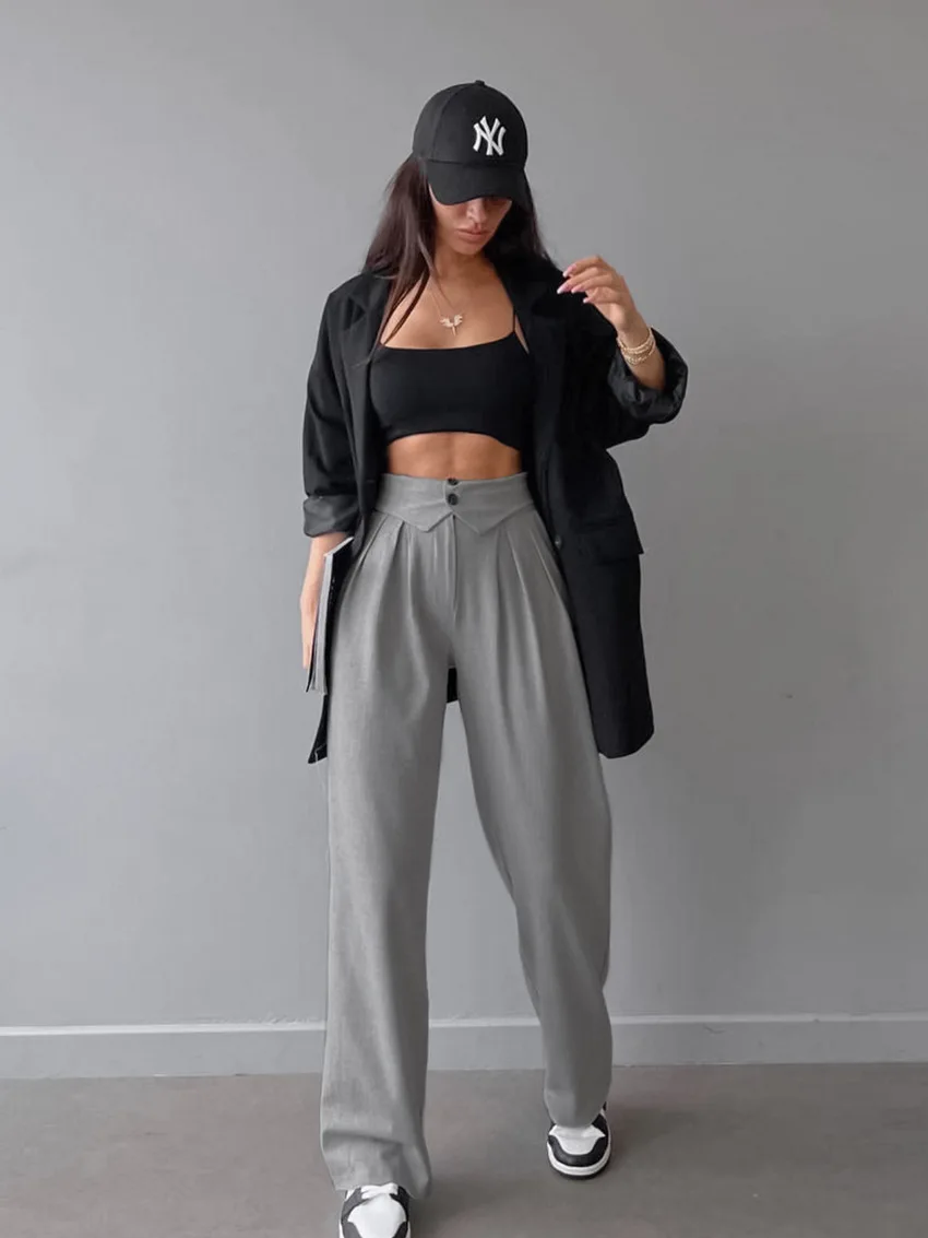 

Autumn Winter French Grey Pleated Suit Pants Lady New Design High Waist Wide Leg Pants Long Fashion Trousers