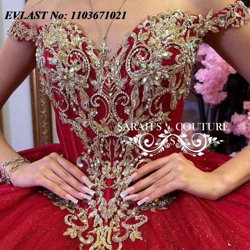 EVLAST Personalizado Vermelho Quinnceanera Vestido de Baile Ouro Renda Applique Frisado Em Camadas Espartilho Doce 16 Vestidos De 15 Anos SQ636