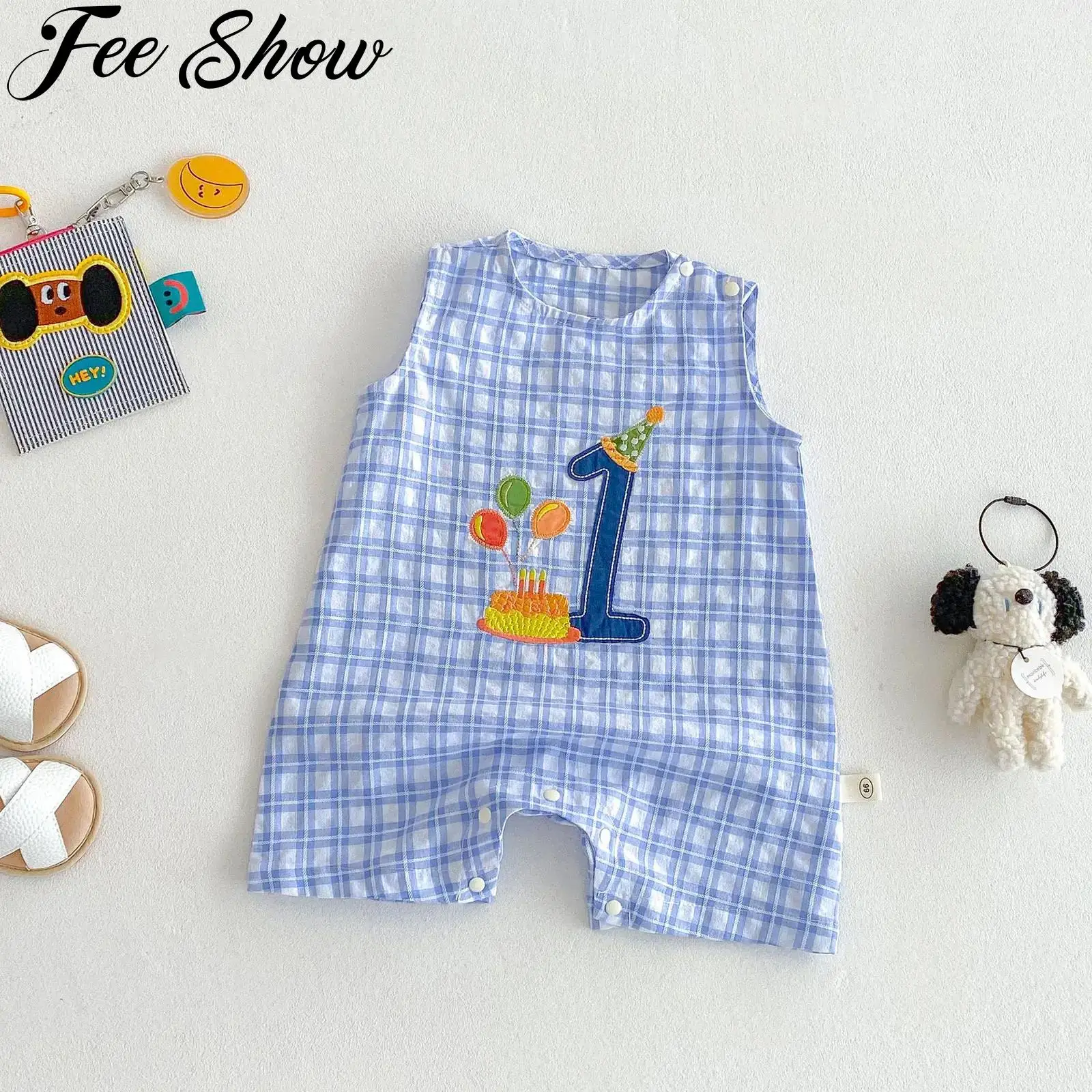 

Baby Boys Girls Cute Plaid Rompers Summer Sleeveless Embroidery Jumpsuit Infant 1st Birthday Party Outfits Photo Shoot Clothes