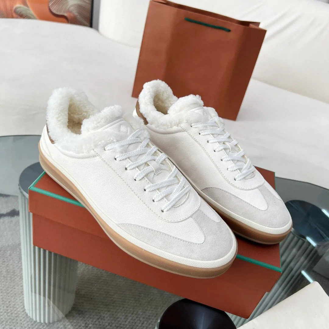 

Genuine Leather Flat Casual Trainer Women 2026 Fall Winter New Lambswool Warm Preppy Style Sports Sneakers Multi Color