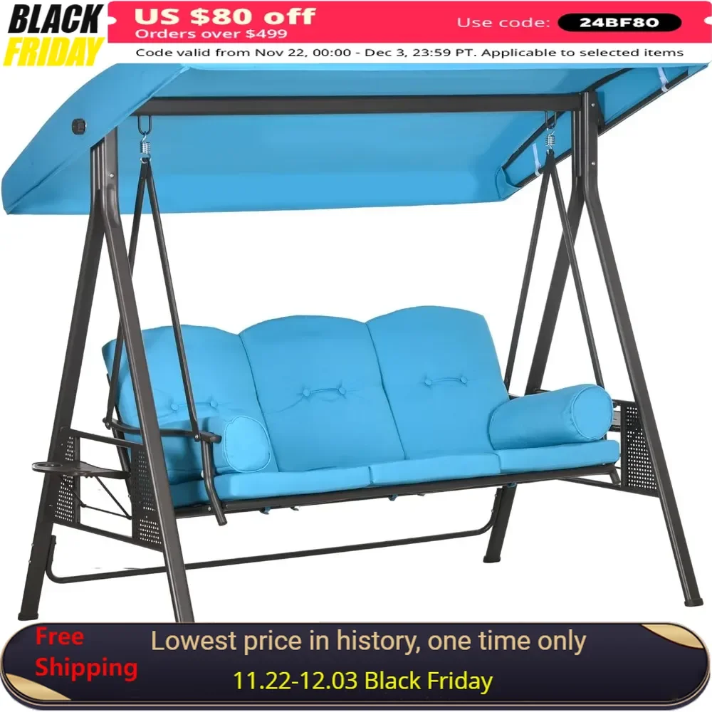 

Outdoor Porch Swing 3-Seat with Adjustable Canopy, Removable Cushion, Pillows and Side Trays, Outdoor Swing