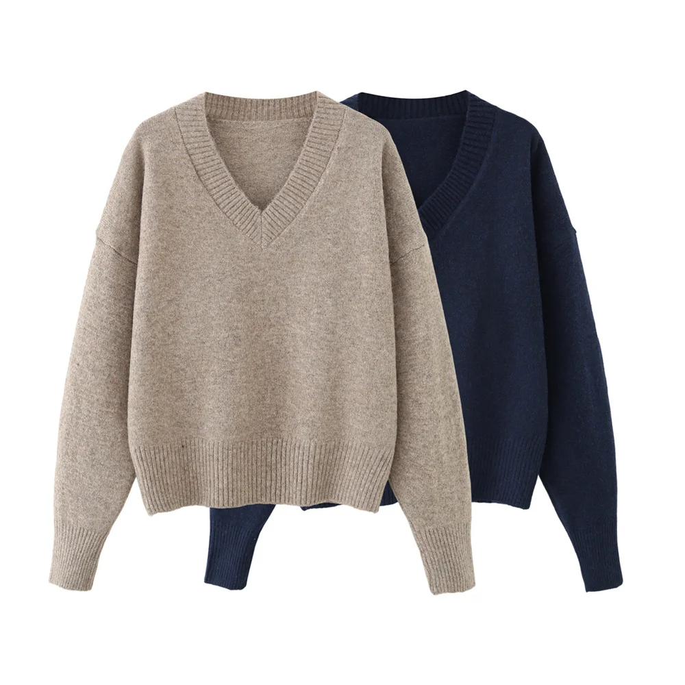 

Новая осенне-зимняя женская одежда, простой и универсальный свободный мягкий вязаный пуловер с длинными рукавами и v-образным вырезом.