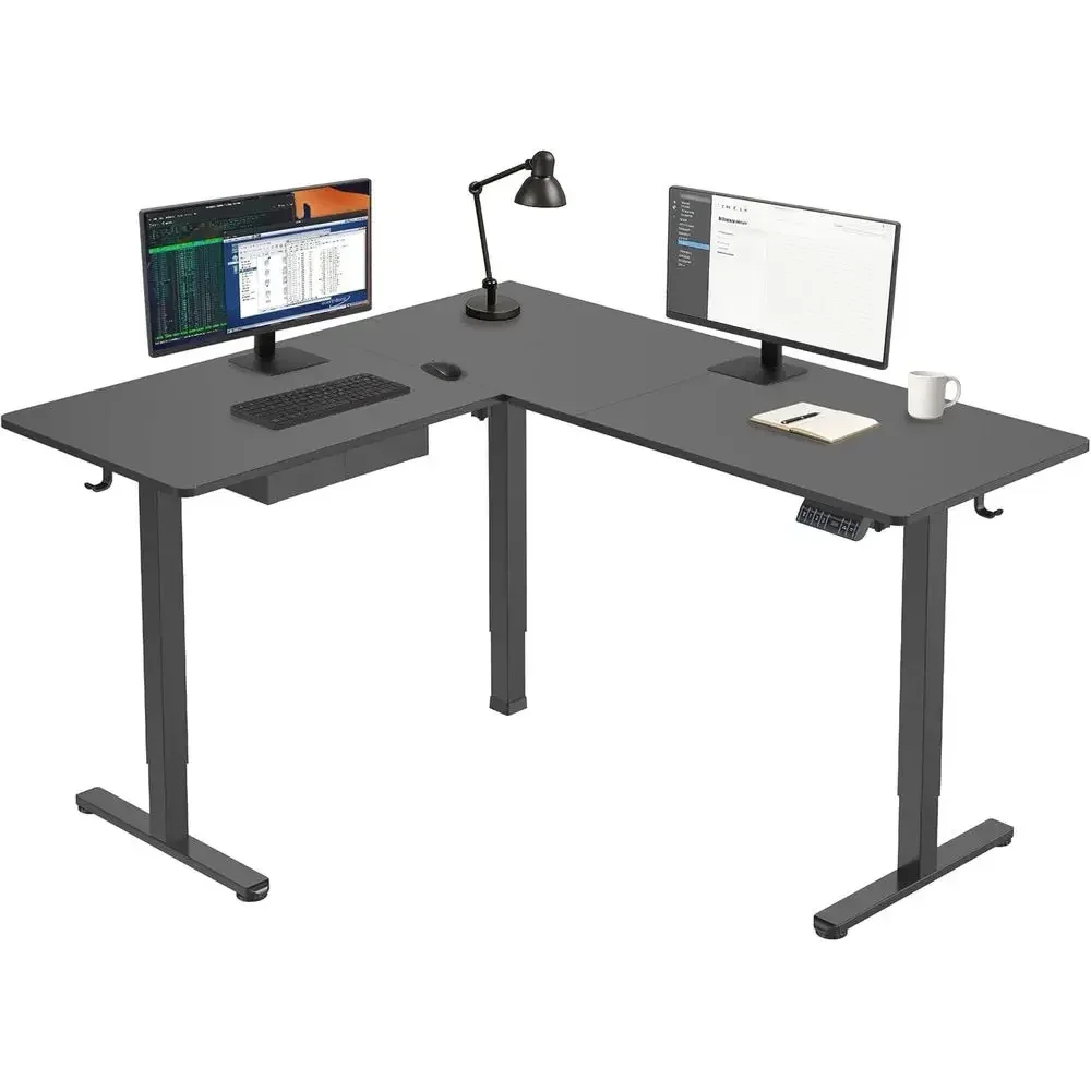 Large Dual Motor L-Shaped Desk: Adjustable Height 28.3-46.5, 3 Memory Positions, Steel Frame, Black