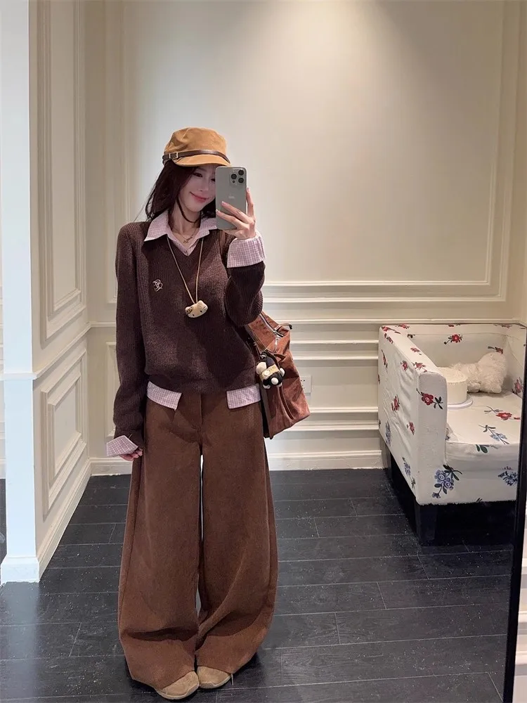 

Academic Style Long Sleeve Knitwear Set Women's Loose Wide Leg Pants Two Piece Suit Spring Autumn Fashion Casual Outfit
