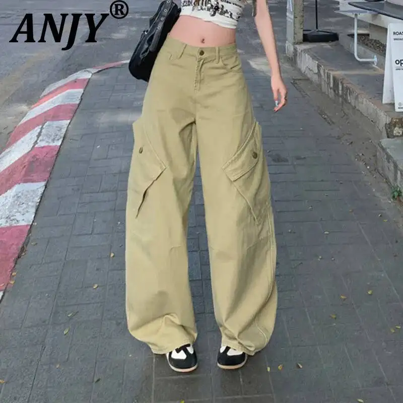 

ANJY Spring Autumn New Women American Style Fashion High Street Large Pocket Design Jeans Loose Stylish Denim Cargo Pants A23074