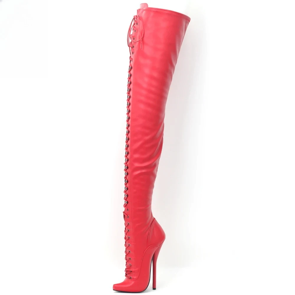 

7inch Stiletto High Heel Pointed Toe Fetish Ballet Lace Up Thigh High Boots