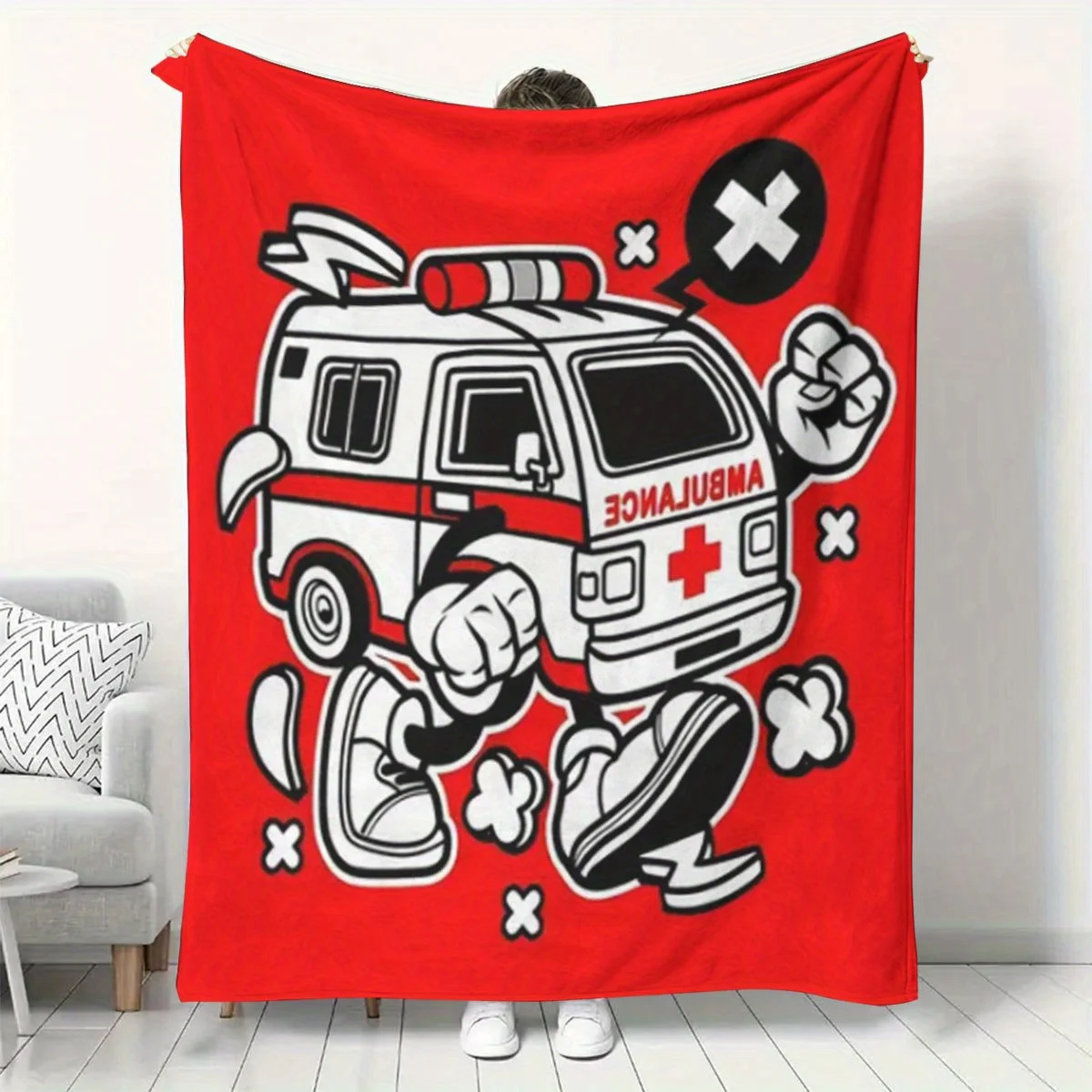 Red Background Animated Ambulance Character Pattern Flannel Blanket Cozy Plush Bedspread Portable Travel Blanket for Bedroom