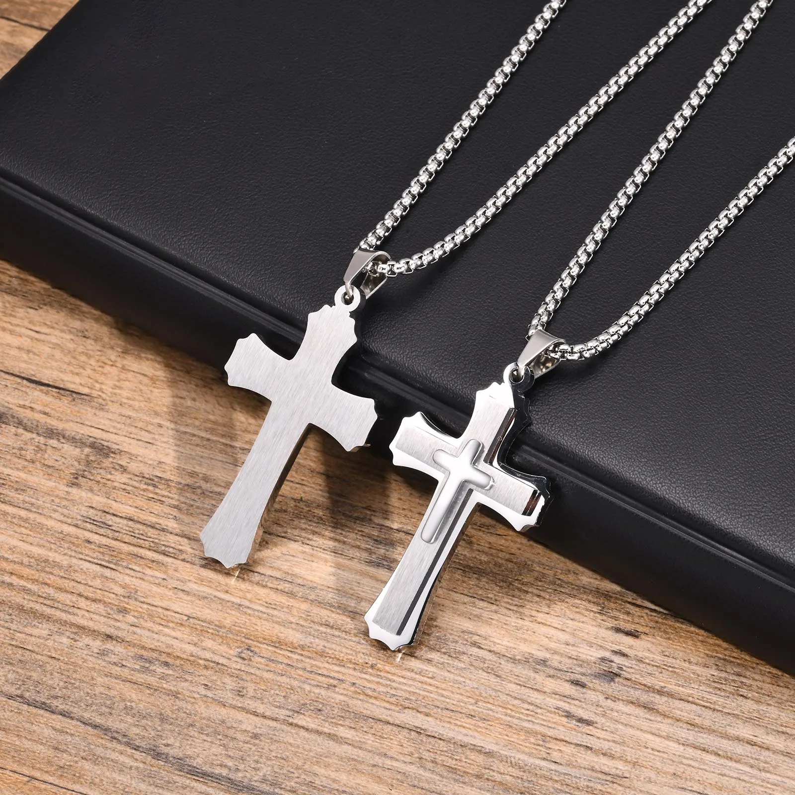 Mprainbow  Mens 3-Layers Cross Necklaces,Waterproof Stainless Steel Faith Pendant Collar with Box Chain Religious Prayer Jewelry