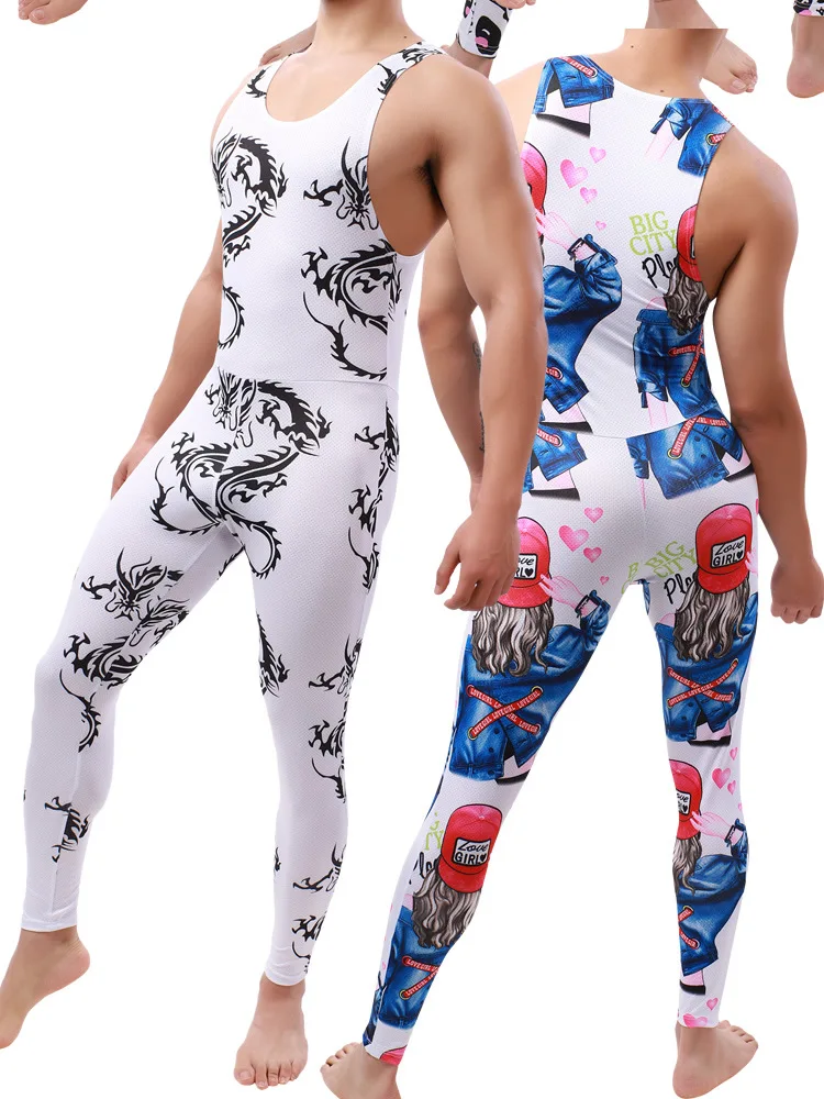 Sexy Print Bodysuit Men Bodywear Sports Gym Undershirts Fitness Bodybuilding Wrestling Singlet Jumpsuits Club Nightwear Lingerie