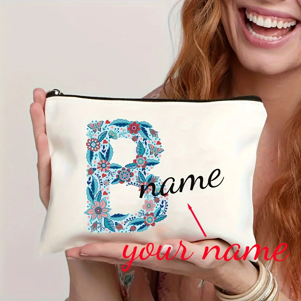 Personalized Name Butterfly Bird Beautiful Flower 26 English Alphabet Makeup Bag Handbag Cosmetic Bag Pencil Case Gift Bag