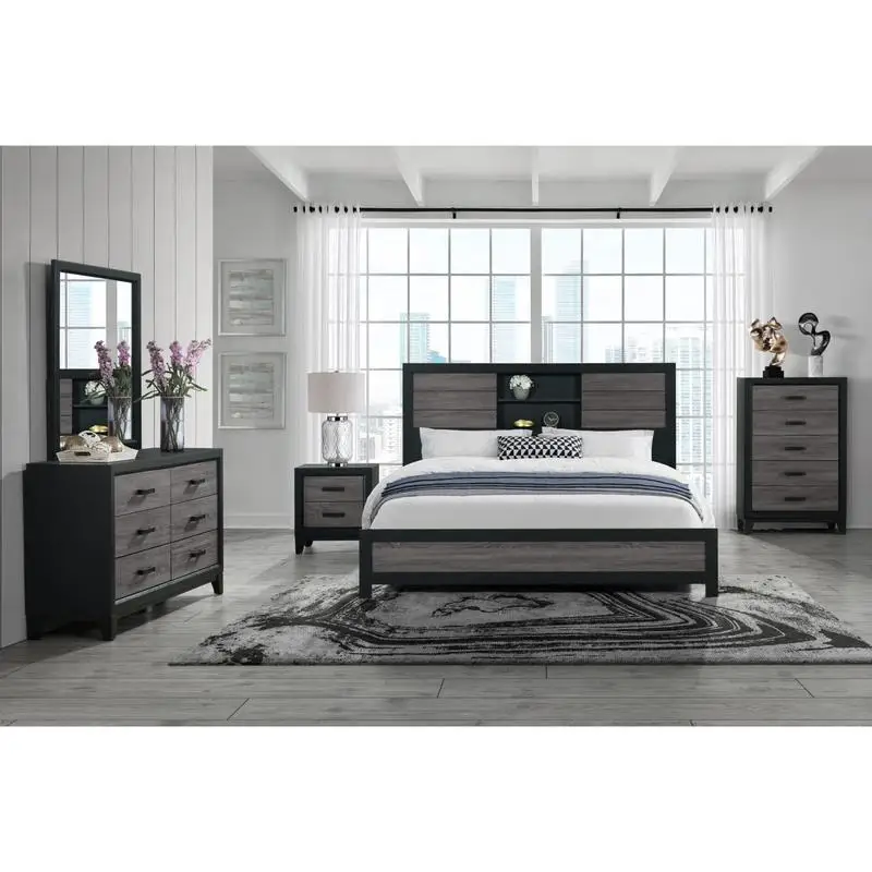 

Grey and Black Bookcase King Bed with Storage and Modern Design