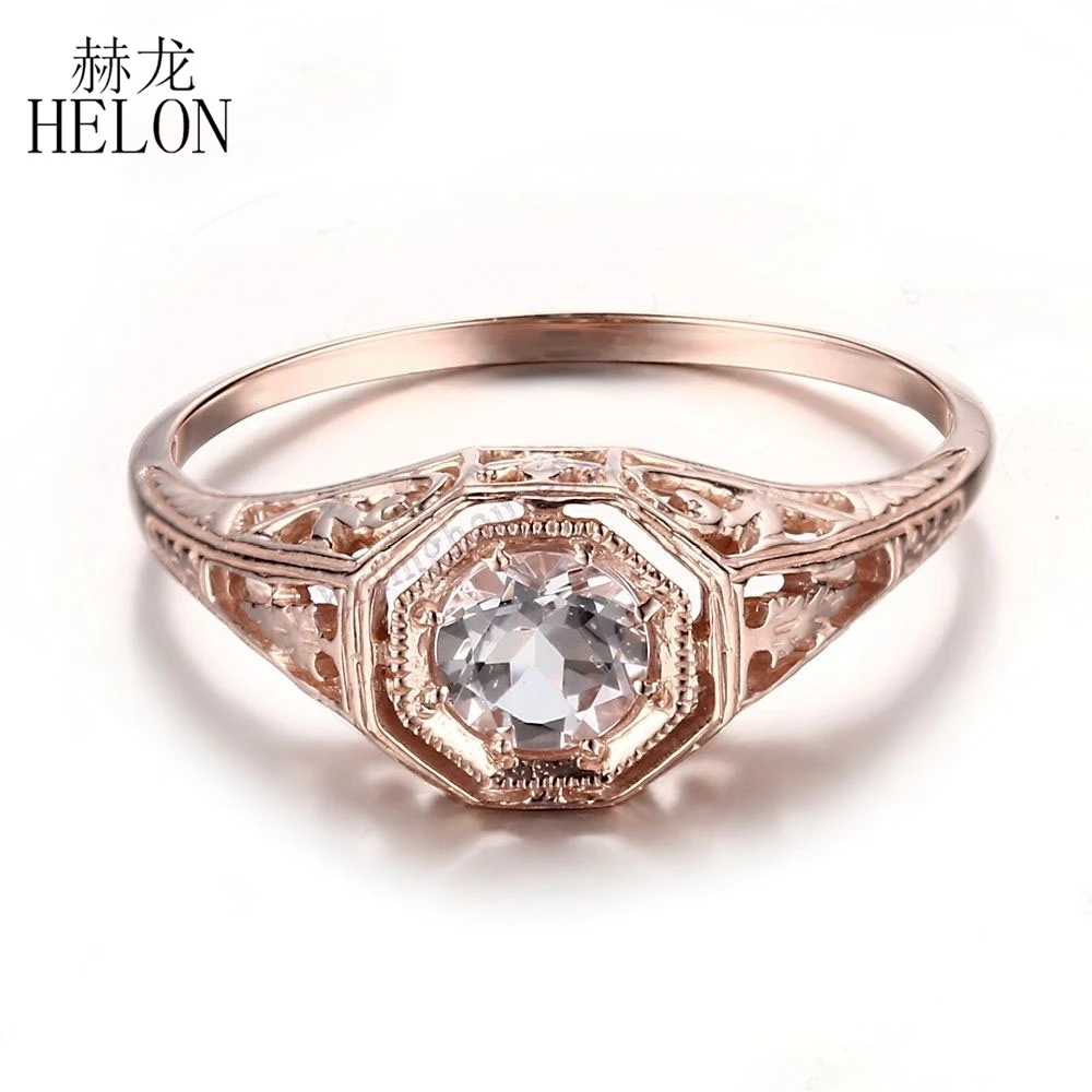 

HELON 4.5mm Round Solitaire Natural Morganite Engagement Ring 14K 585 Rose Gold Handmade Rings Wedding Band Anniversary Gift
