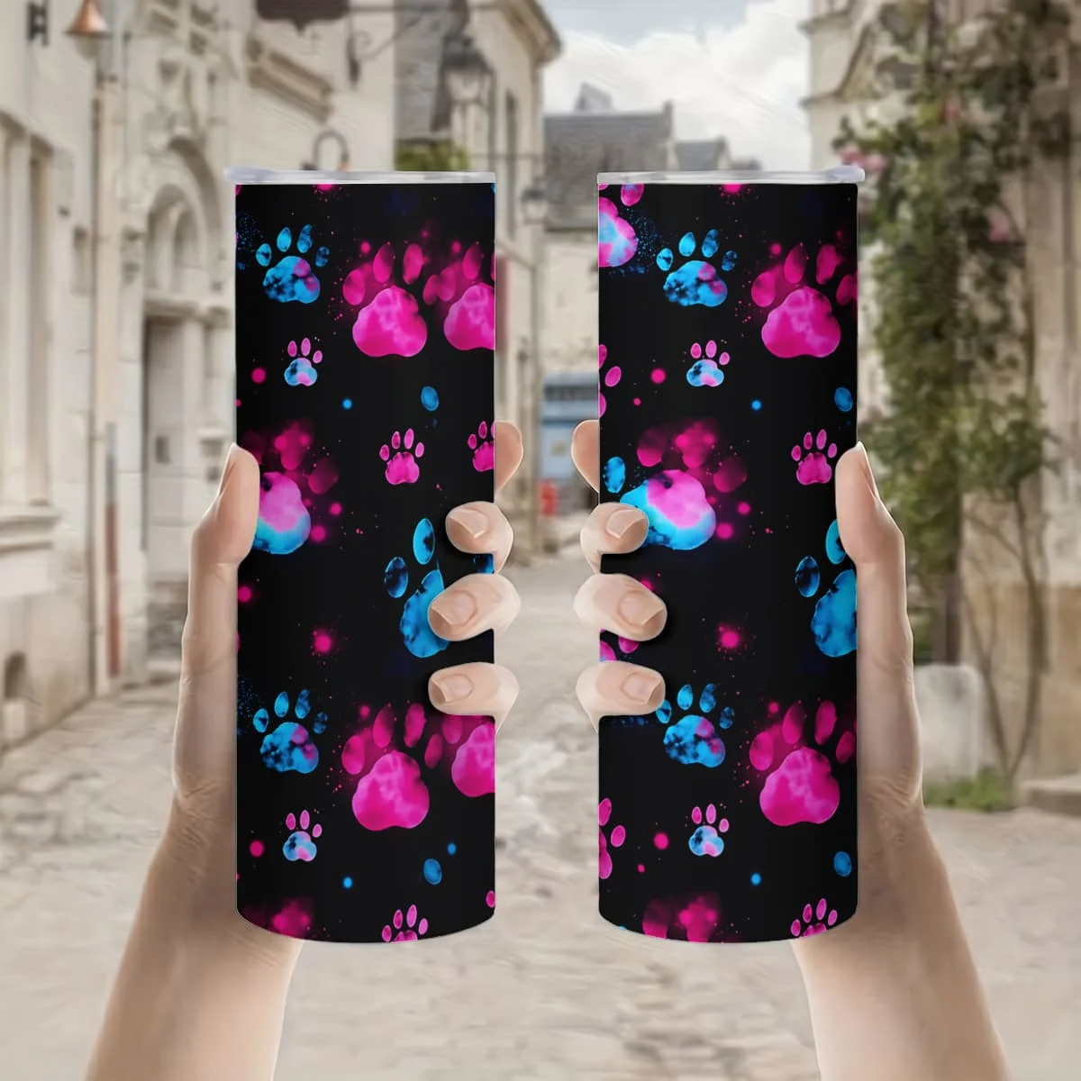 1pc 20oz Neon Pink And Blue Paw Prints Pattern Stainless Steel Insulated Tumblers Coffee Office Travel Mug with Lid Cup Daily Use Leakproof And Bpa Free Keep Drink Hot And Cold Ideal Gift for Pet Lovers Friends Family Colleagues on Birthdays Holidays
