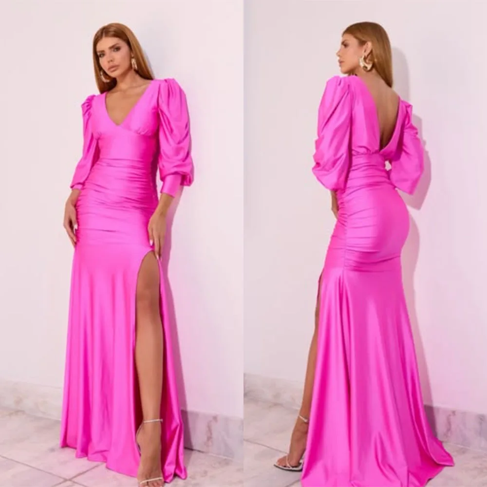 

High Quality Customized V-neck Sweep Train Pleat Vestidos De Fiesta Para Bodas Evening Dresses 2025 Woman فساتين السهرة فساتين