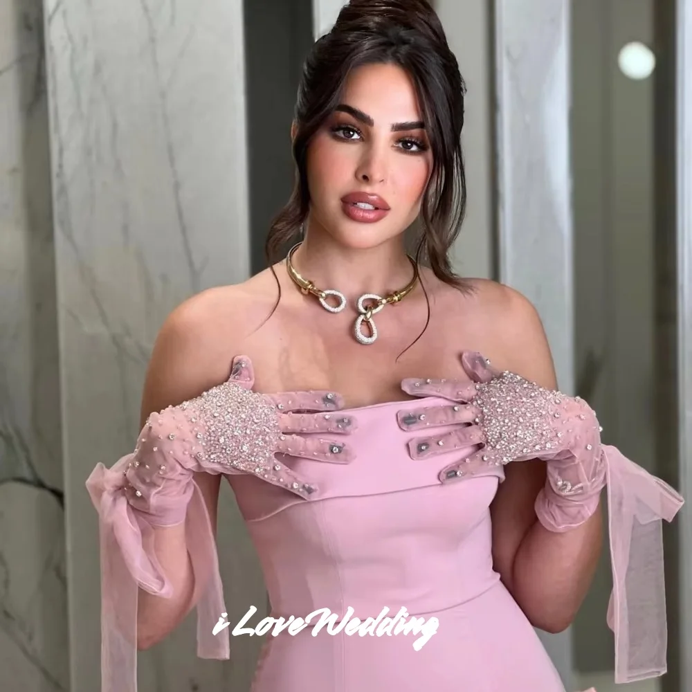 Pink Strapless Evening Dresses 2025 Sleeveless Backless Mermaid Beaded Gloves Split Sweep Train Floor-Length Pleated Customized