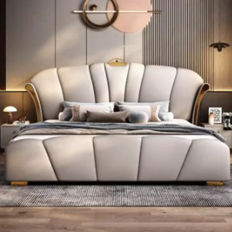 Luxury Queen Size Simple Double Bed Waterproof Villa Leather Modern Twin Bed Frame Elegant Platform Letto Matrimoniale Furniture