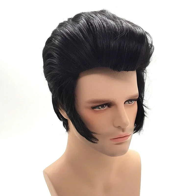 Nowy! Męski piosenkarz rockowy Elvis peruka do Cosplay Elvis czarny odporny na ciepło syntetyczny imprezowa peruka do włosów + czapka z peruką