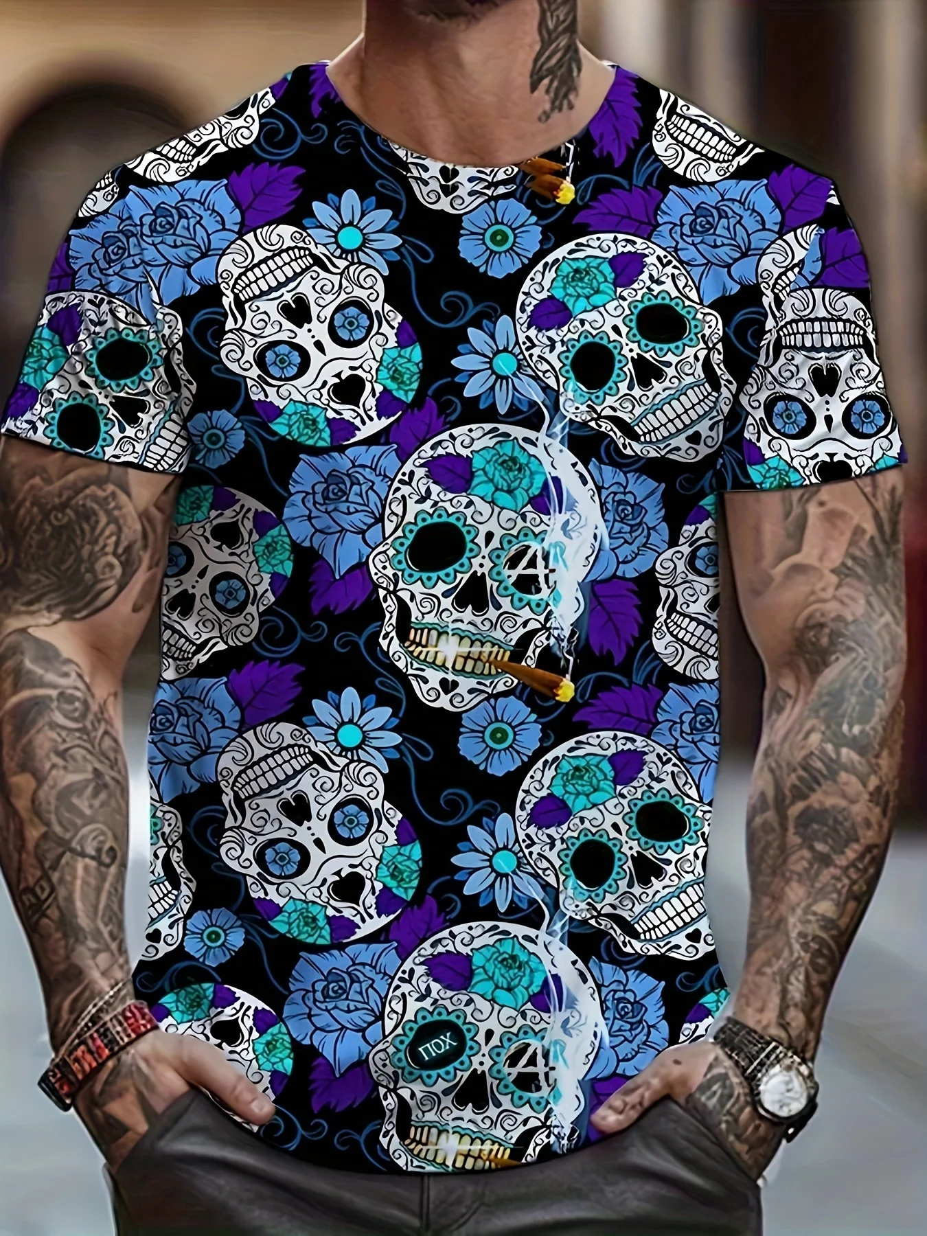 Mens Day of the Dead Sugar Skull Printed T‑Shirt, Retro Floral Calavera Pattern Short‑Sleeve Crew Neck Casual Daily Tee