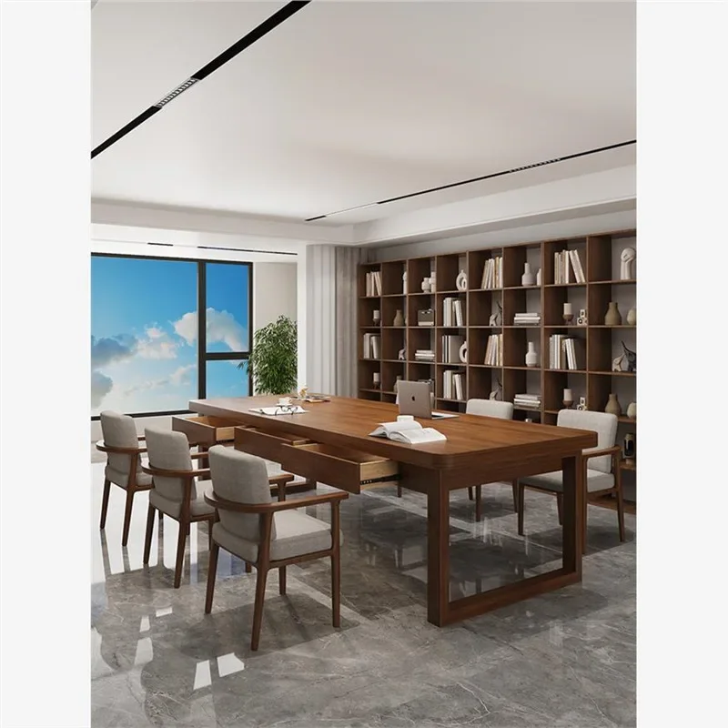 Go to the living room, solid wood desk with drawers, large board, long table reading area many people learn to write home office
