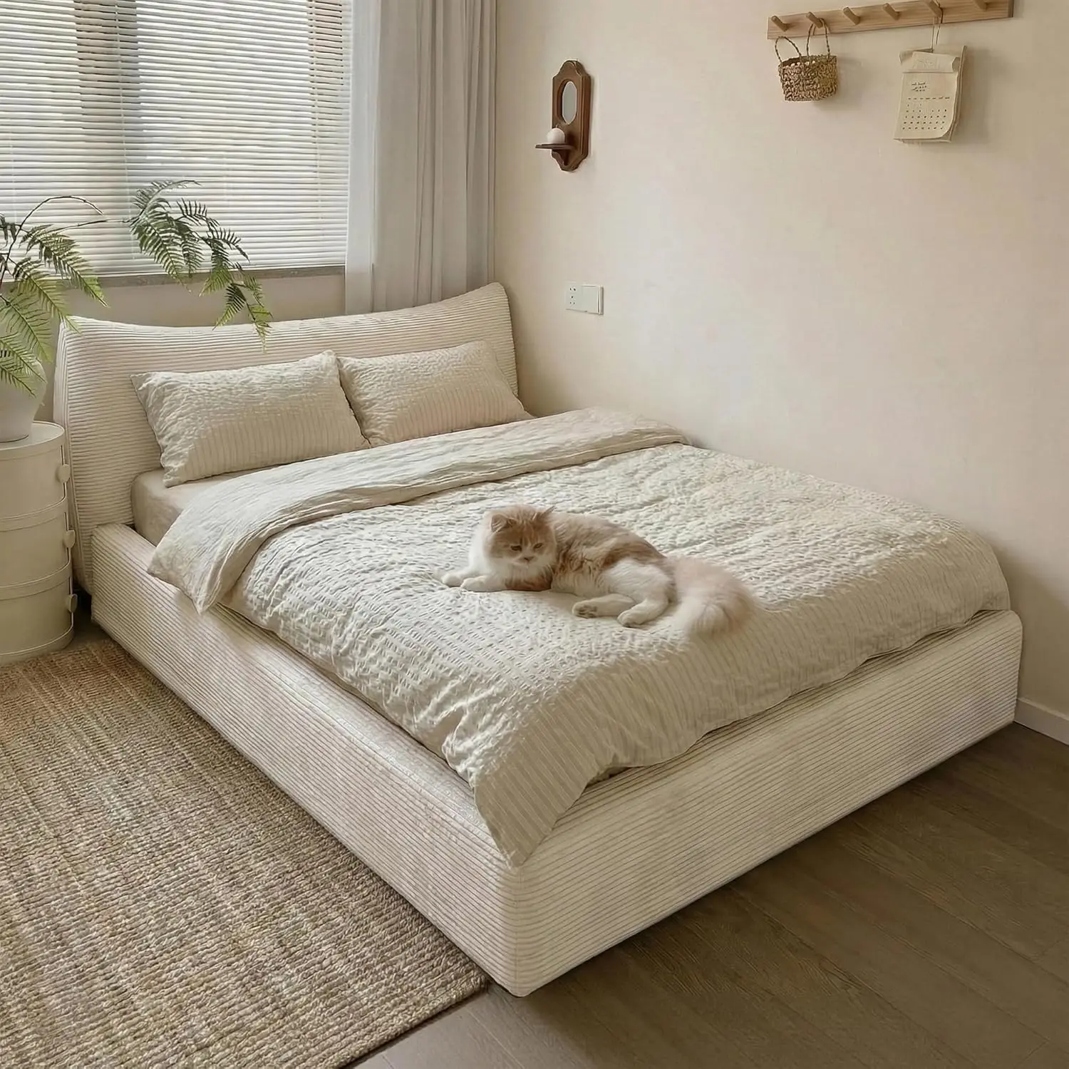 #Soft Full Size Bed Frame Removable Headboard Corduroy Cloud Rounded Corner Modern Bedroom No Box Spring, Customized