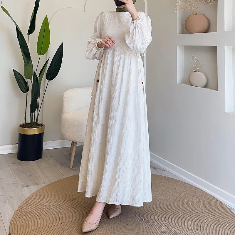 2025 Women's Autumn Muslim round Neck Lantern Sleeve Robe Elegant and Comfortable Dress W001