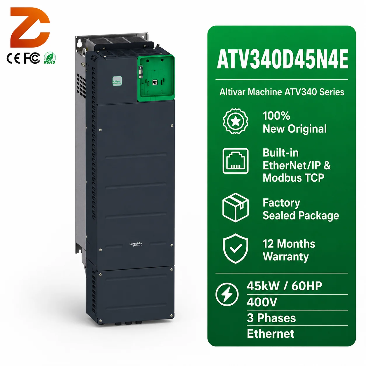 New Original  ATV340D45N4E Variable Frequency Drive 45kW 60HP 380-480V Motion Control Packaging Machine Ethernet VFD