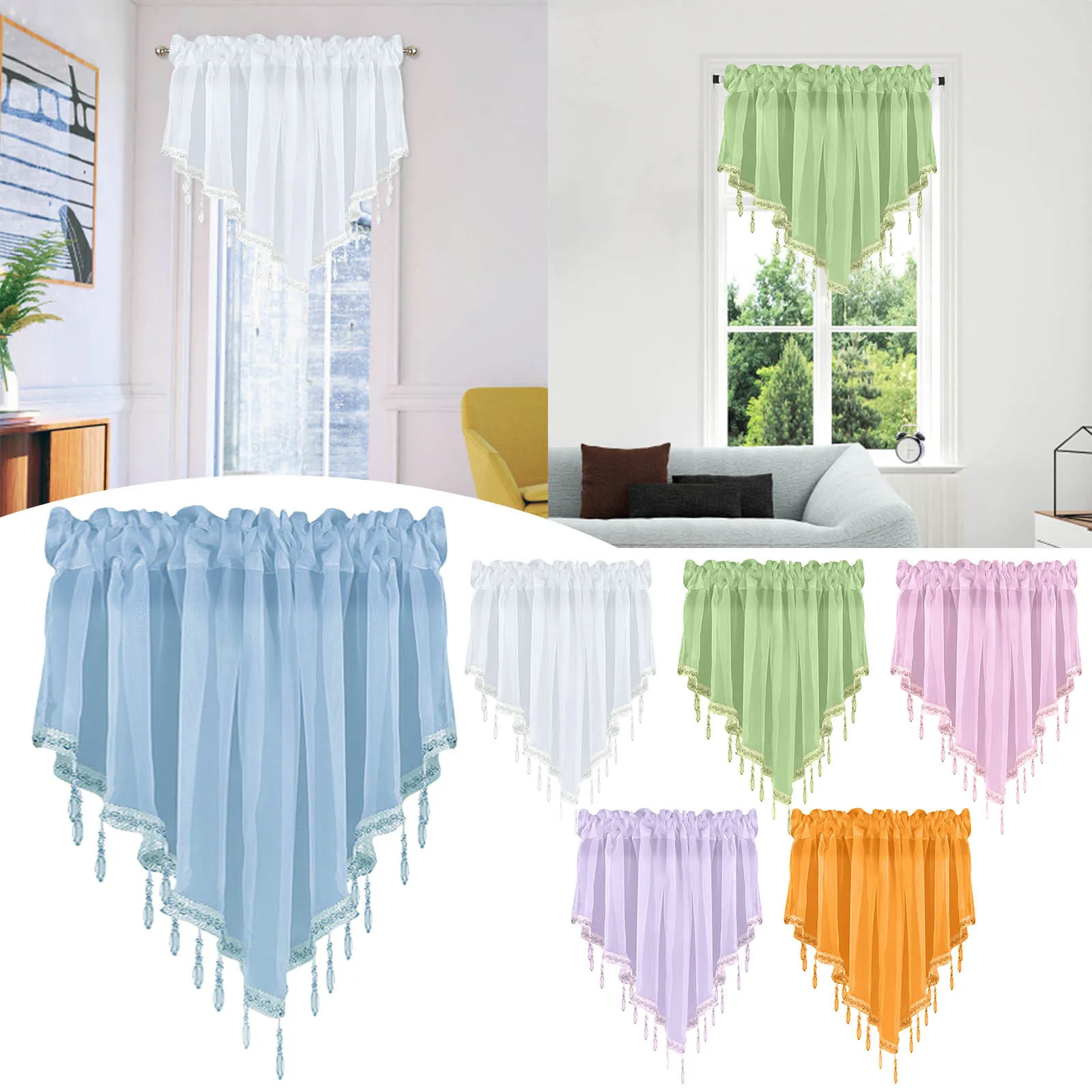 51×24in Pastoral Style Triangle Kitchen Short Curtain Window Valance Drape Coffee Bedroom Home Decor Sheer Tulle Short Curtain