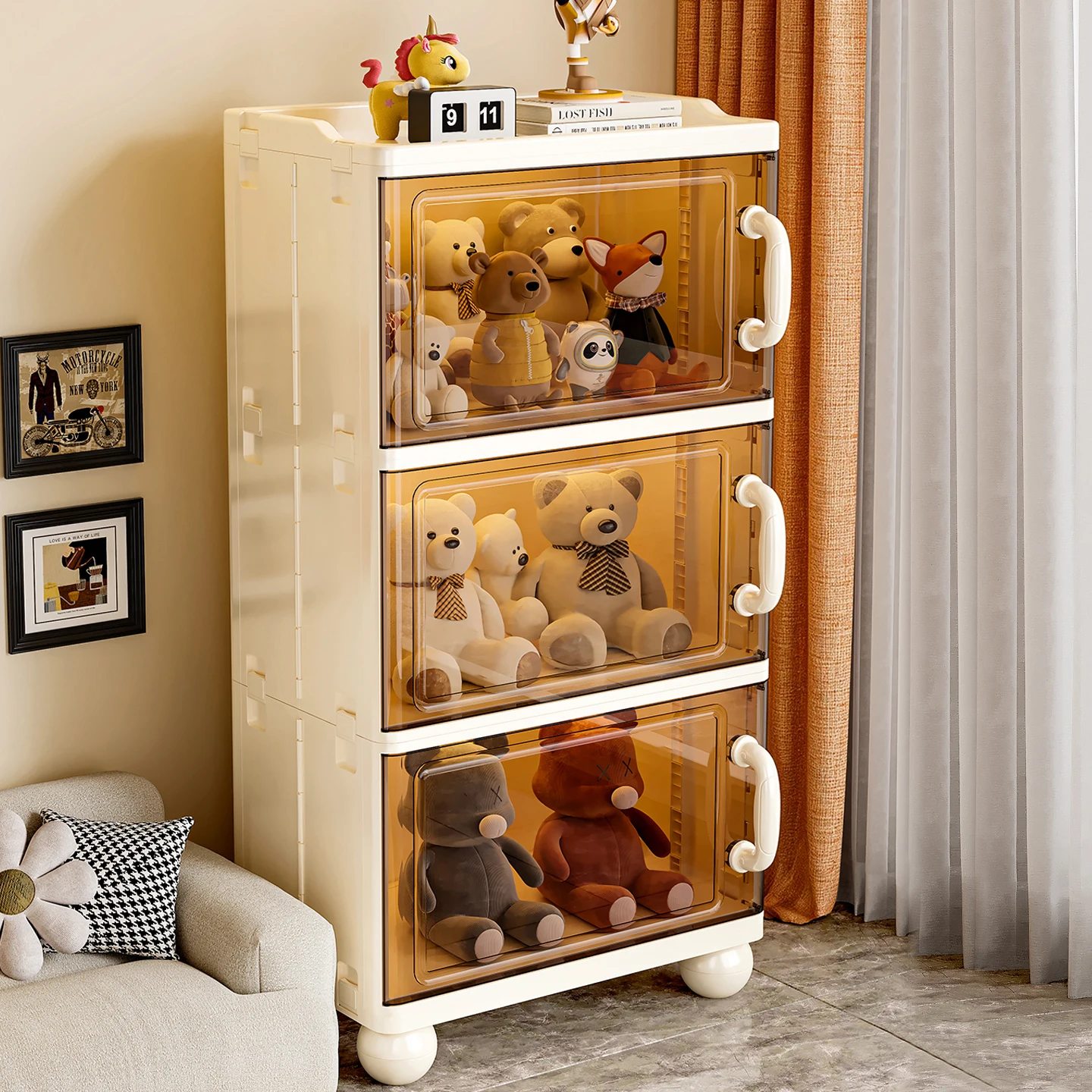 Foldable Plastic Storage Cabinet with Swivel Casters,Large Capacity Toy Clothes Snack Storage Chest for Home Bedroom and office
