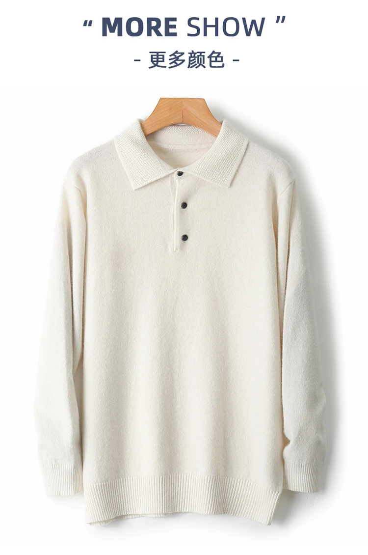 LHZSYY 100%Merino Wool Hot Cardigans Men Lapel Pullover Long Sleeve POLO Neck Sweaters Loose Tops Knit Clothing Large Size Shirt