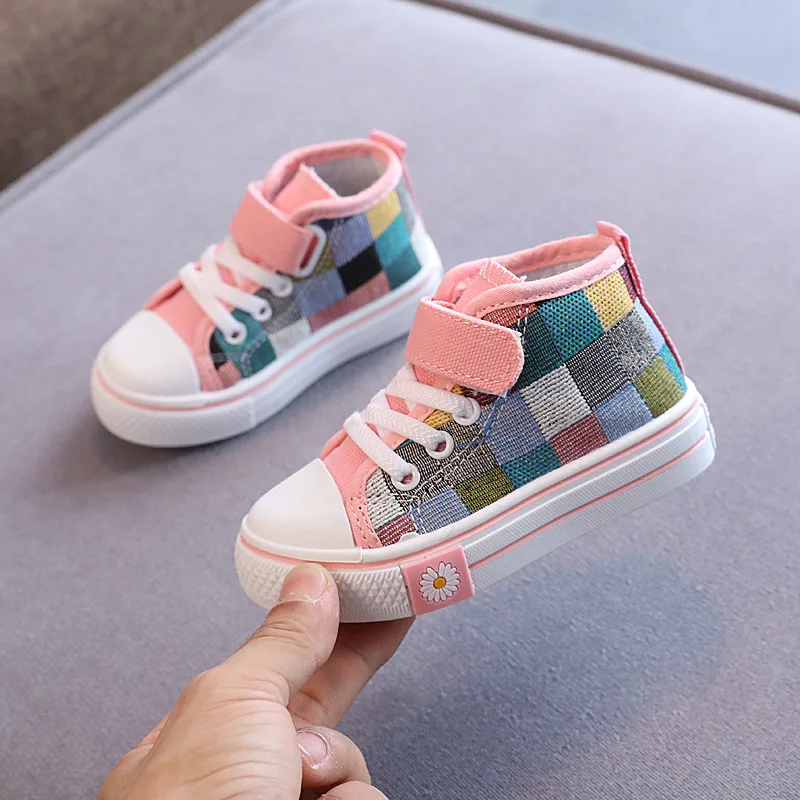 Children Canvas Shoes 2022 Spring New Kids Fashion Britain Breathable Hook & Loop Assorted Casual Girls High-top Lattice Sneaker