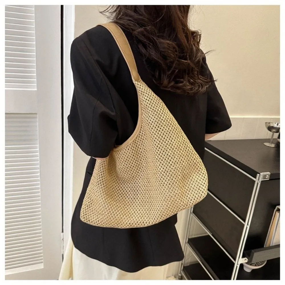 Summer Hand-Held Woven Bag Stylish Fashionable Beach Straw Bag Large Capacity Vintage Woven One Shoulder Tote Bag Vacation Style