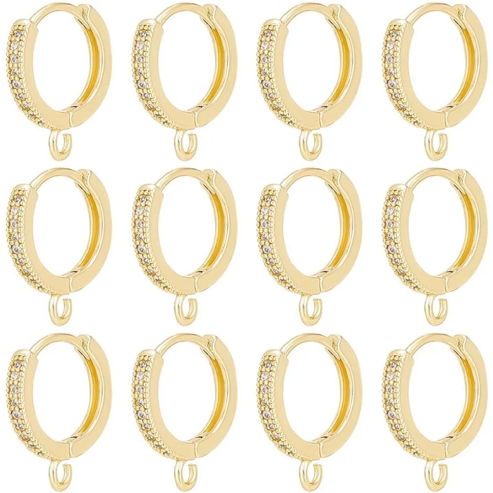 

12Pcs Real 18K Gold Plated Huggie Hoop Earring with Loops Lever Back Dangle Rhinestone Hoop Earring Round Stud Ear Wires 16x14mm