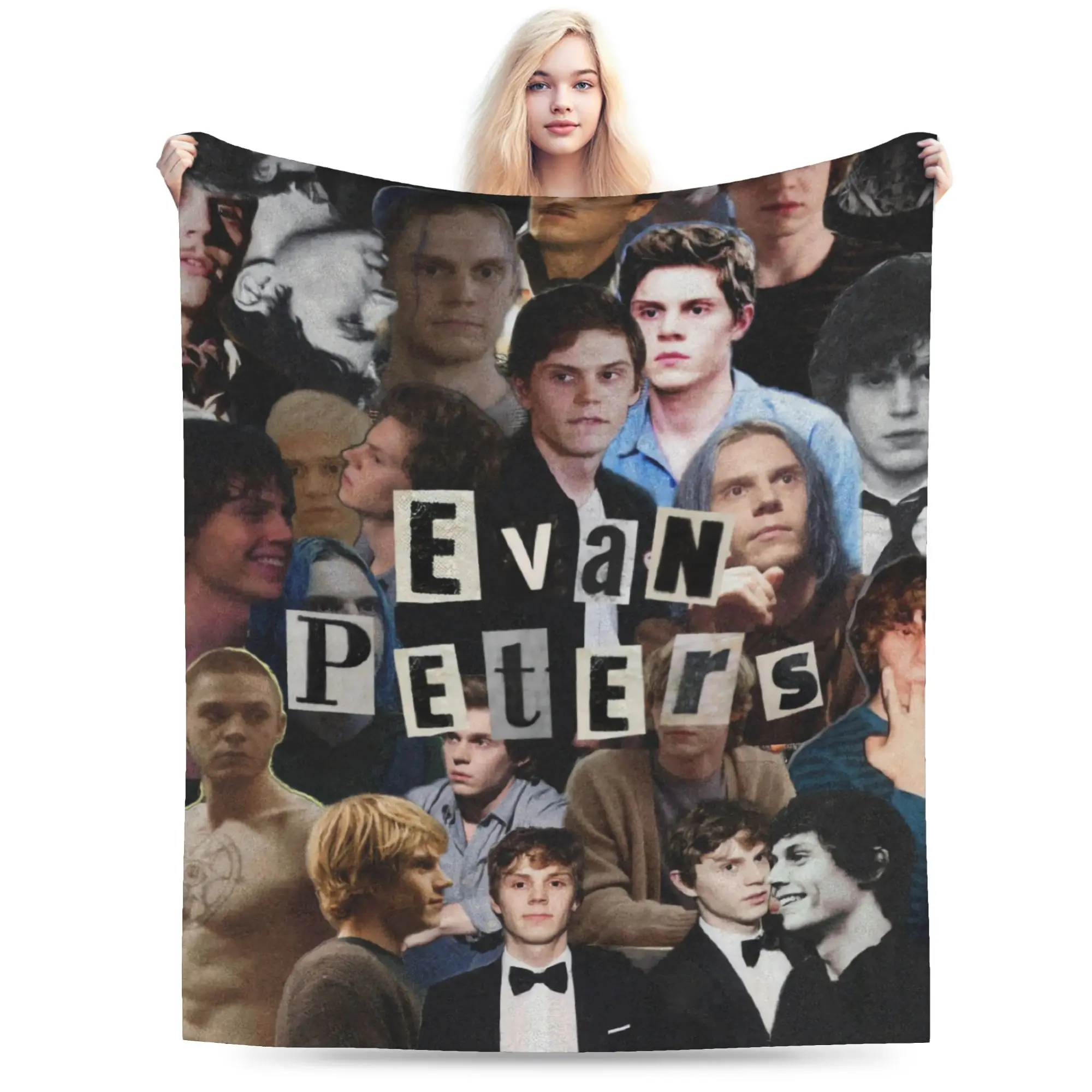 Iconic Evan Peters Name Collage Flannel Blankets Warm Soft Throw Blanket for Home Decor Camping Bedspread Sofa Bed Cover