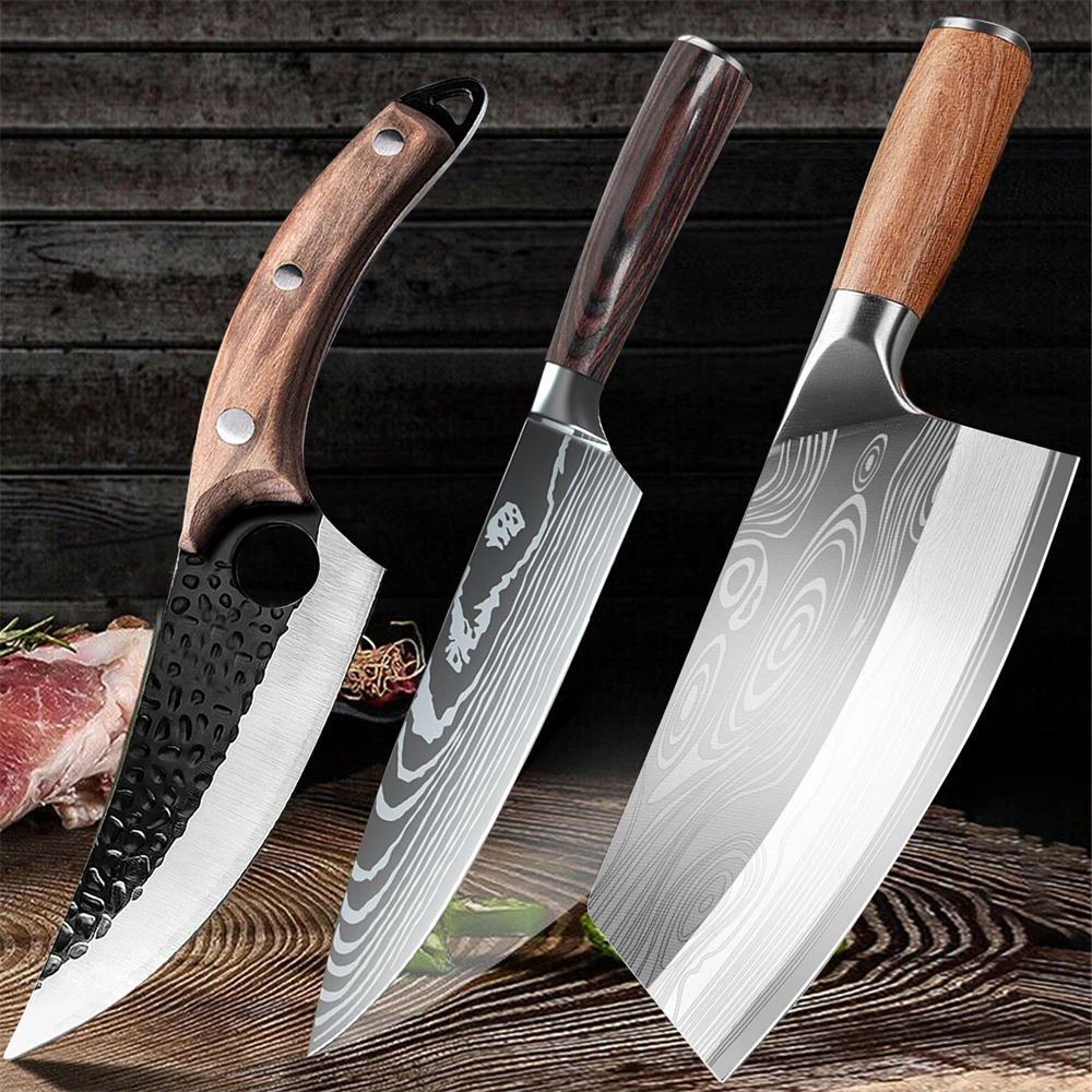 

1/2/3pcs Kitchen Knife Set 8"Damascus Pattern Meat Cleaver, Handmade Forged Boning Knives,Chopping Chef Knife Kitchen Accessorie