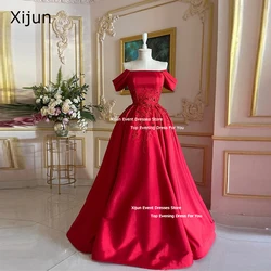 Xijun Gogerous Red Satin Long Evening Dresses Off The Shoulder Beads Sequined Prom Dresses A-Line Saudi Arabric Prom Gowns 2024