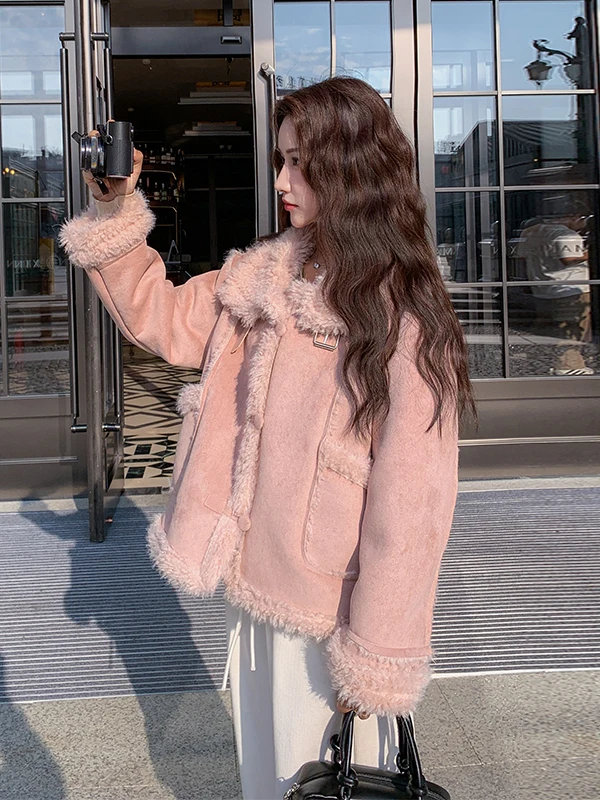 

Pink Lamb Fur ort Coat Women's Thiened Deer Skin Velvet Cotton Jaet Autumn Winter New Arrival Casual Sle Stand Fit