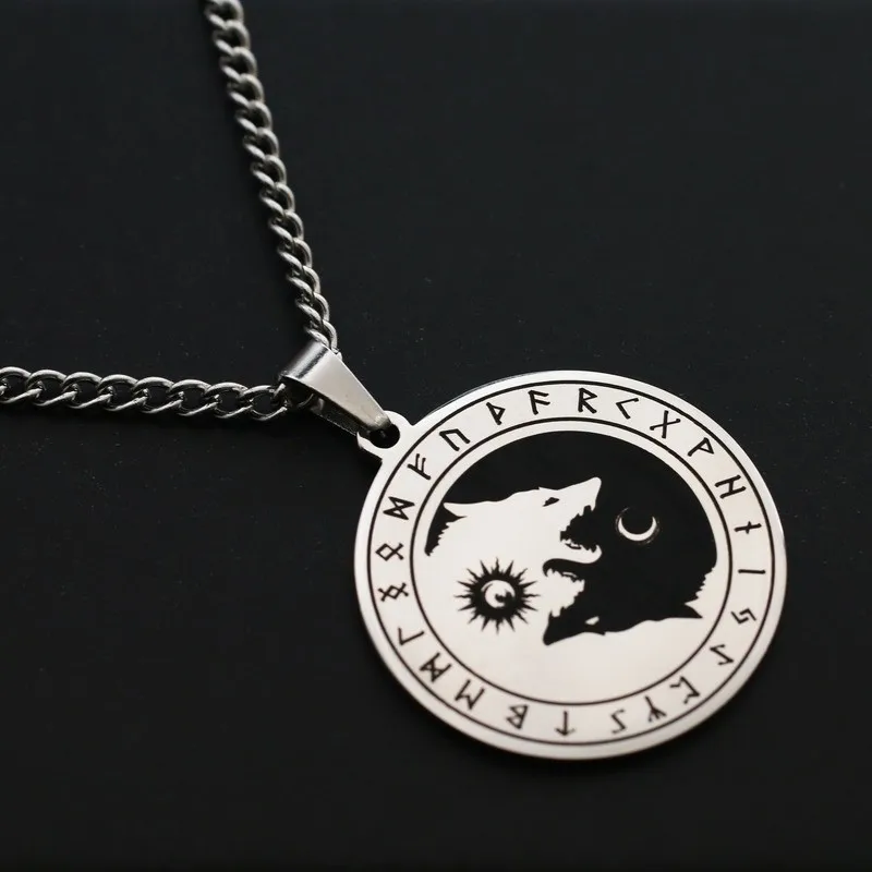 Nordic Viking Myth Giant Wolf Hati & Skoul Chasing Sun Moon Necklace for Men Stainless Steel Hip Hop Accessories Punk Jewelry