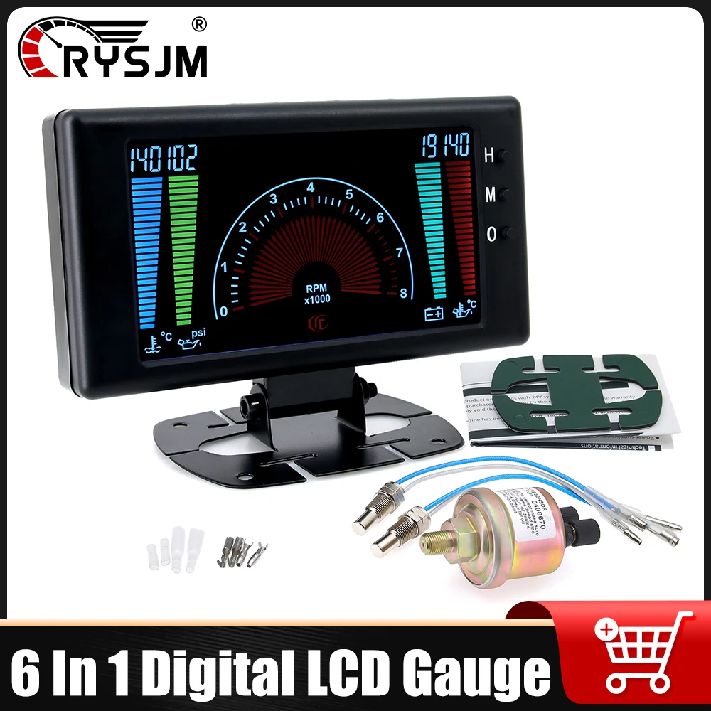 6 In 1 Digital LCD Gauge 0-8000RPM Tachometer Water Temp Oil Press Voltage Oil Temp Gauge Dashboard With Sensor for 12V Vehicle