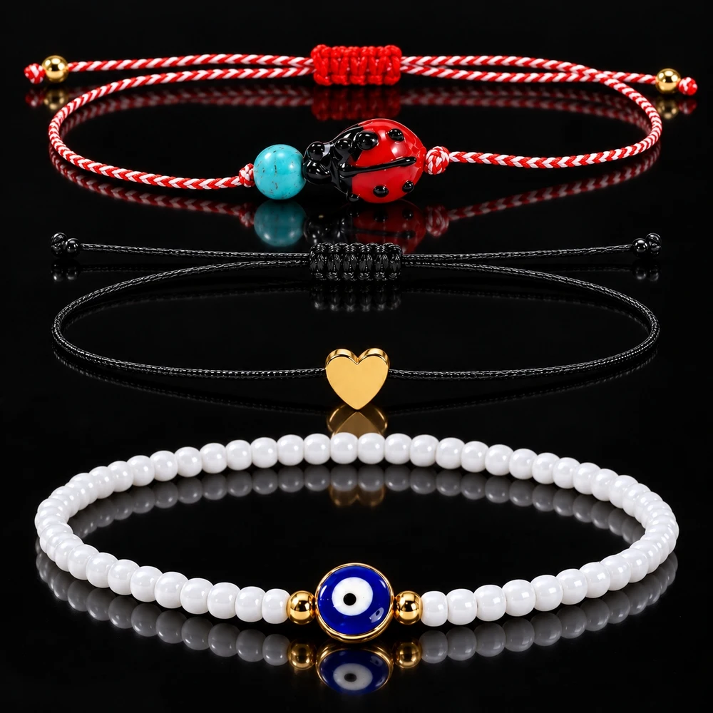 3pcs Unisex Adjustable Cord and Beaded Bracelet Set with Red Ladybug Golden Heart and Blue Eye Charm Designs