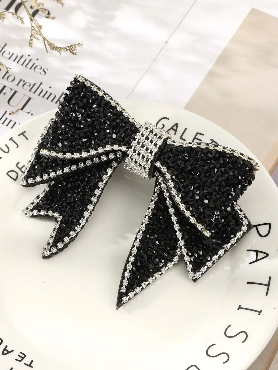 

Elegant Black Rhinestone Bow Hair Clip For Women, Sparkling Party And Everyday Styling Accessory