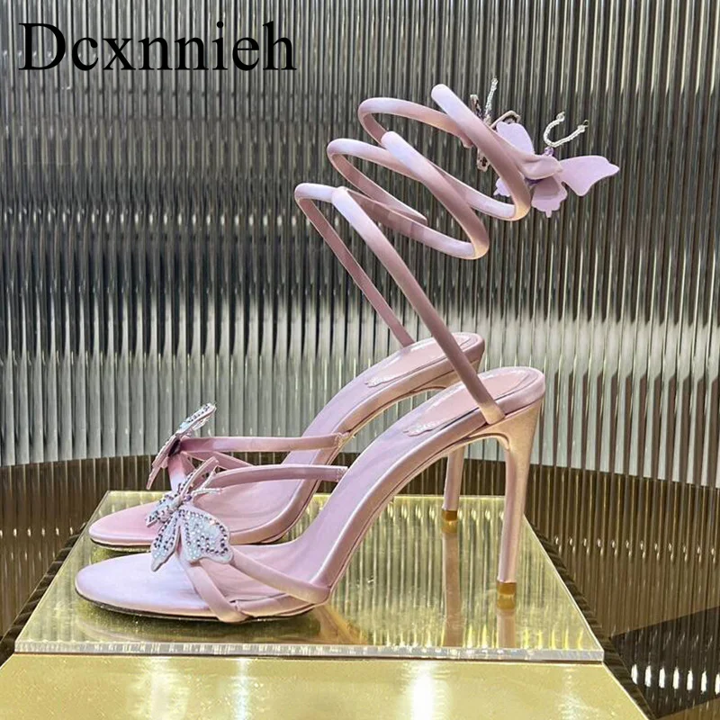 

New Women's Water Snake Ankle Band Sandals Satin Butterfly-knot Decor High Heel Sandals Summer Party Shoes Gladiator Pumps