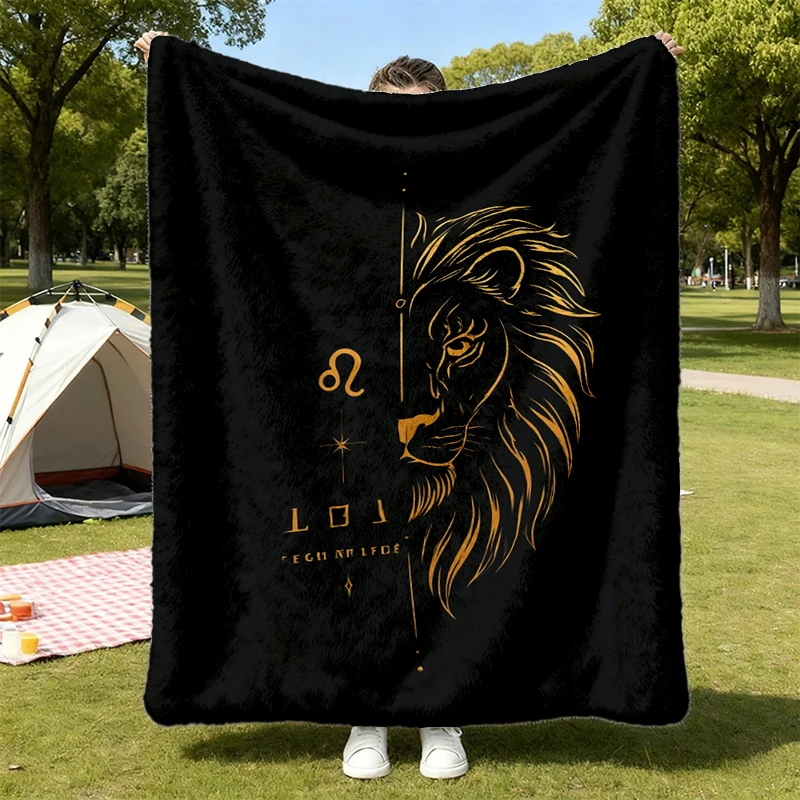 Leo Zodiac Flannel Blanket, Vintage Lion Astrology Throw, Cosmic Horoscope Gift