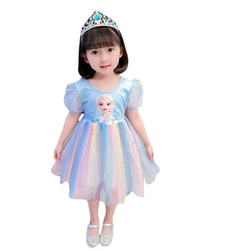 Disney-Girls Frozen Princess Dress, Elsa, Anna, roupa de criança, vestido de baile manga curta, vestidos de festa, verão, novo