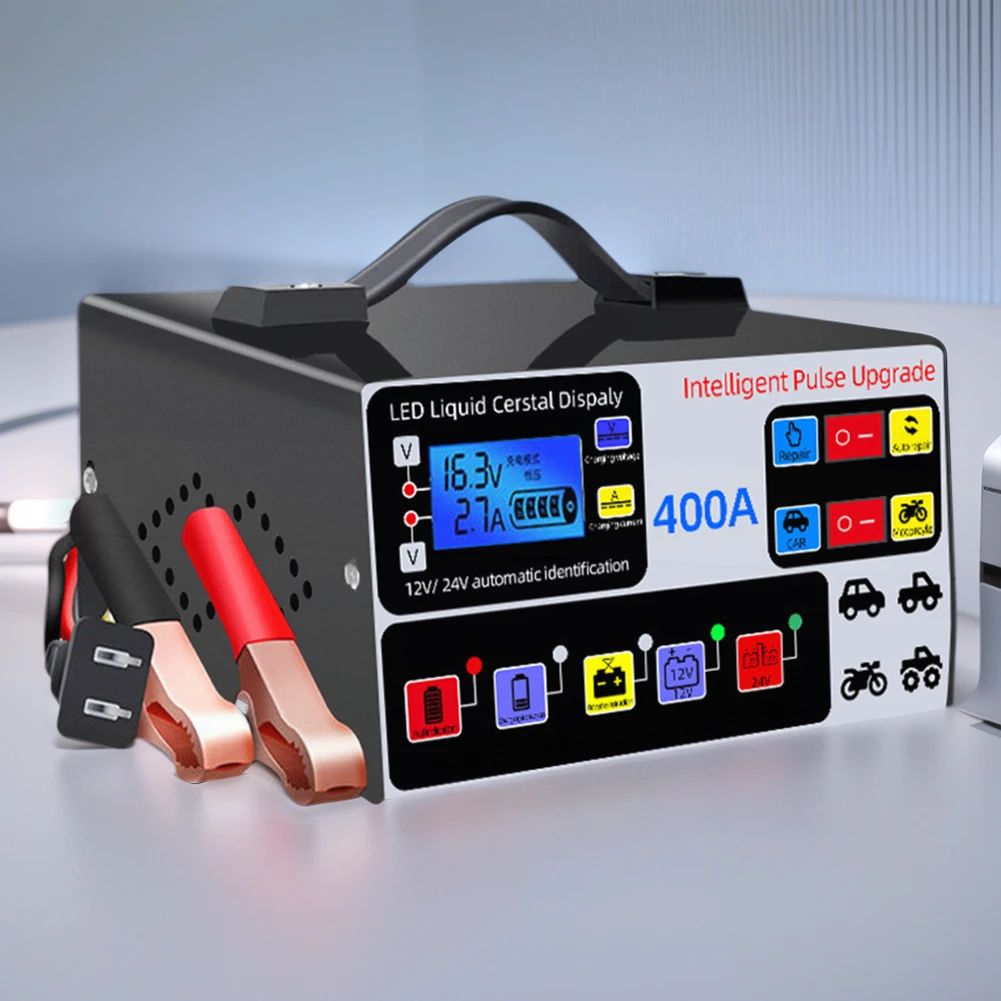 400A Battery High Power Fast Charger LCD Display Intelligent Pulse Repair Charger Five-Stage Full Automatic Car Battery Charger